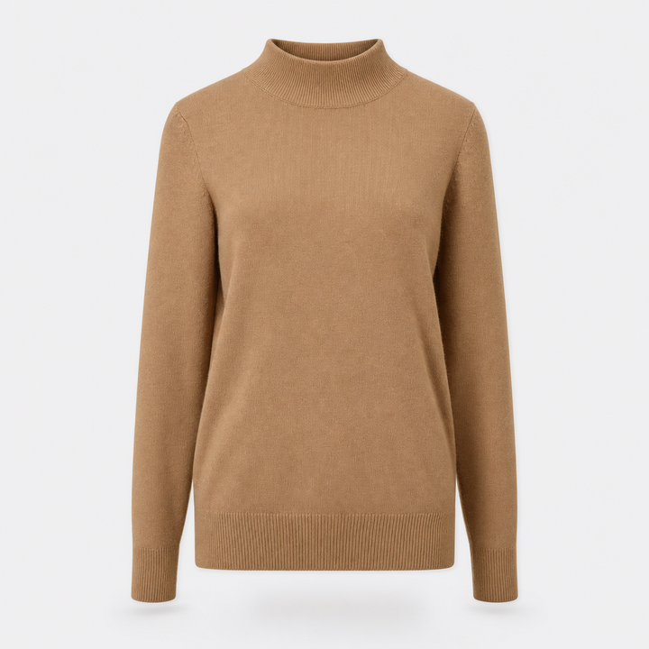 Feiner Strick Damen Rollkragenpullover. Weicher Kuschelpullover in Camel, warm & elegant für Winter und Freizeit.