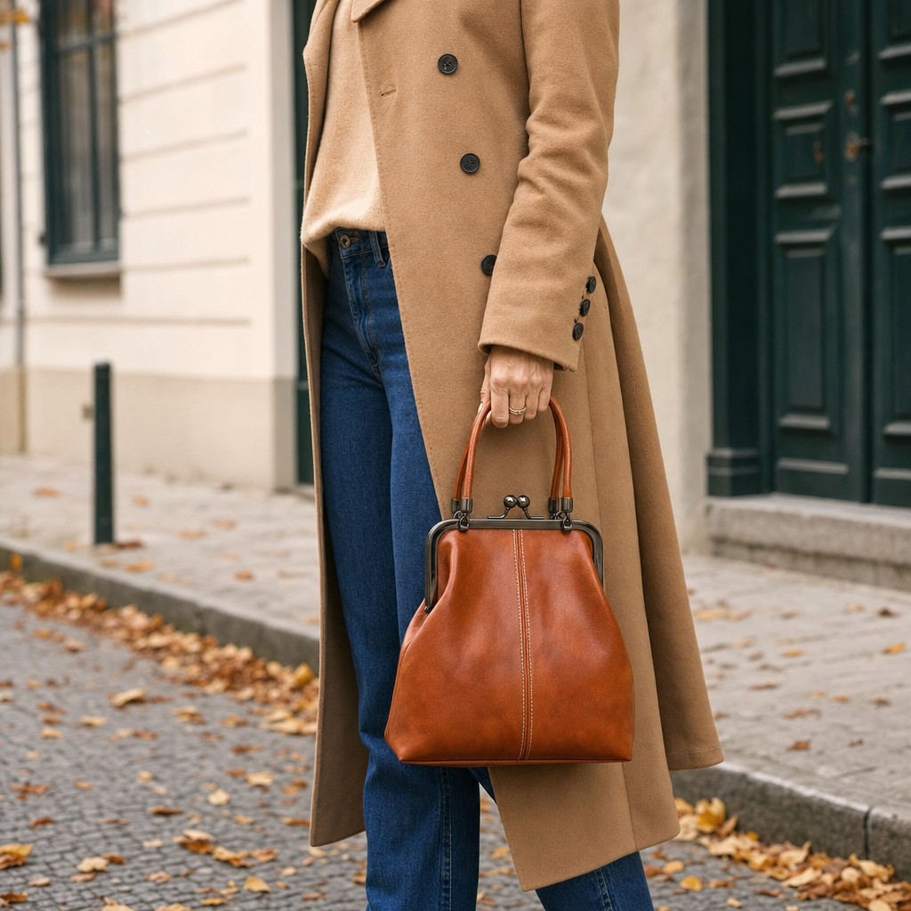 Klassische Damen Handtasche im Vintage-Stil, mit Kussverschluss und robustem Kunstleder, ideal für Crossbody.