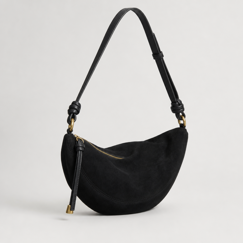 Schwarze Sling-Tasche für Damen in edler Wildleder-Optik, handliche und elegante Umhängetasche.