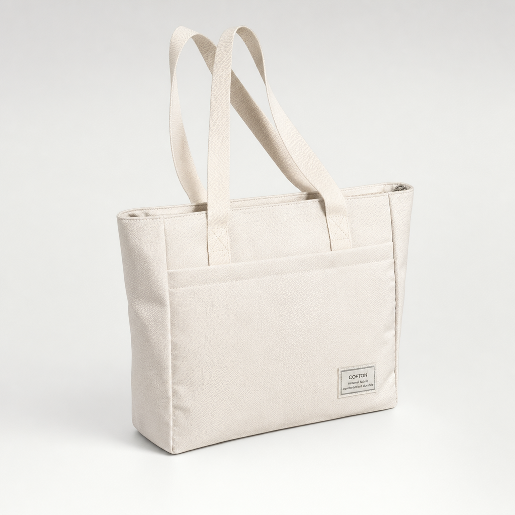 Creme Damen Laptop-Shopper mit gepolstertem 14-Zoll-Fach, stilvoll für Büro, Arbeit & Alltag.
