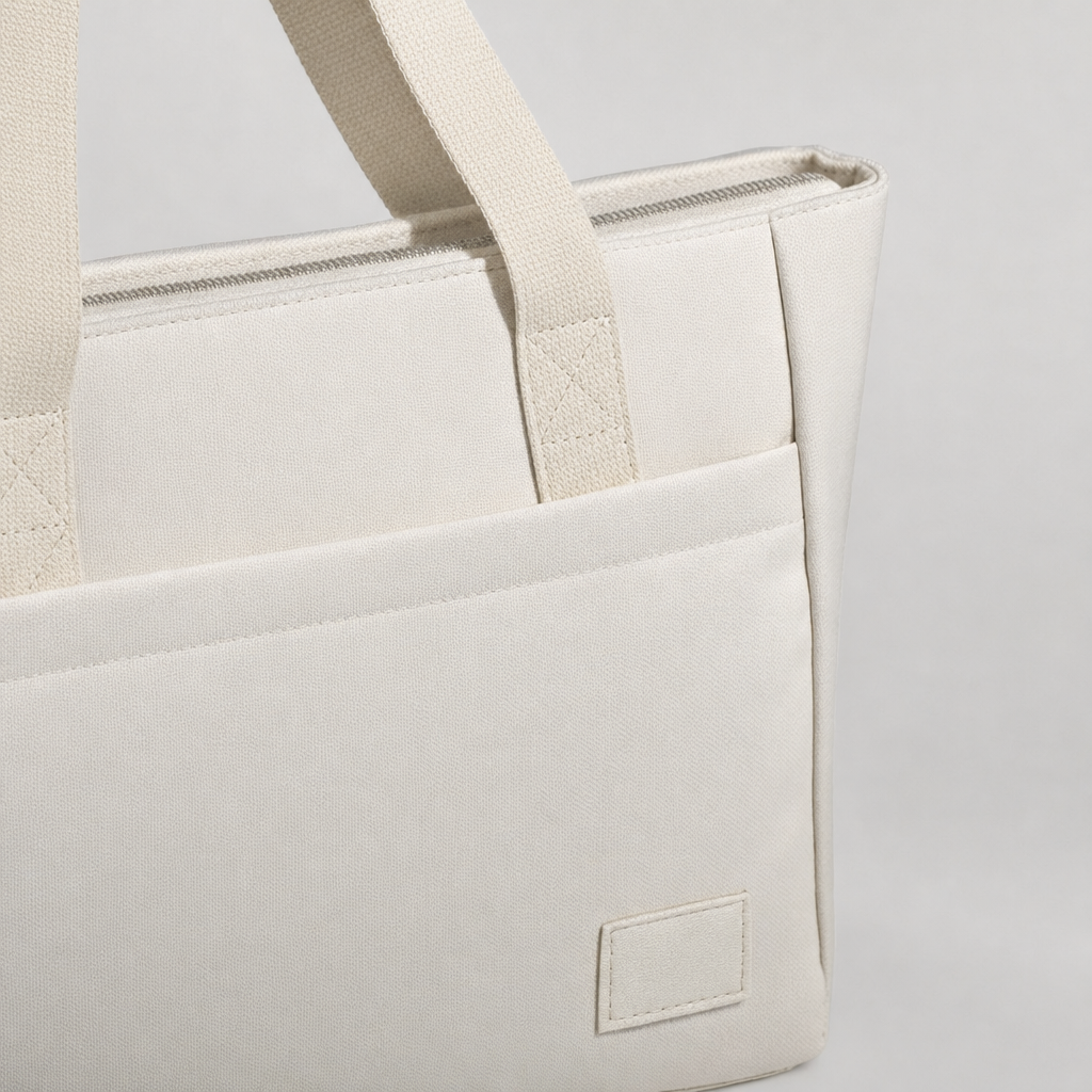 Stilvolle Damen Shopper-Tasche in Creme mit gepolstertem 14-Zoll-Laptopfach; vielseitige Büro- & Alltagstasche.