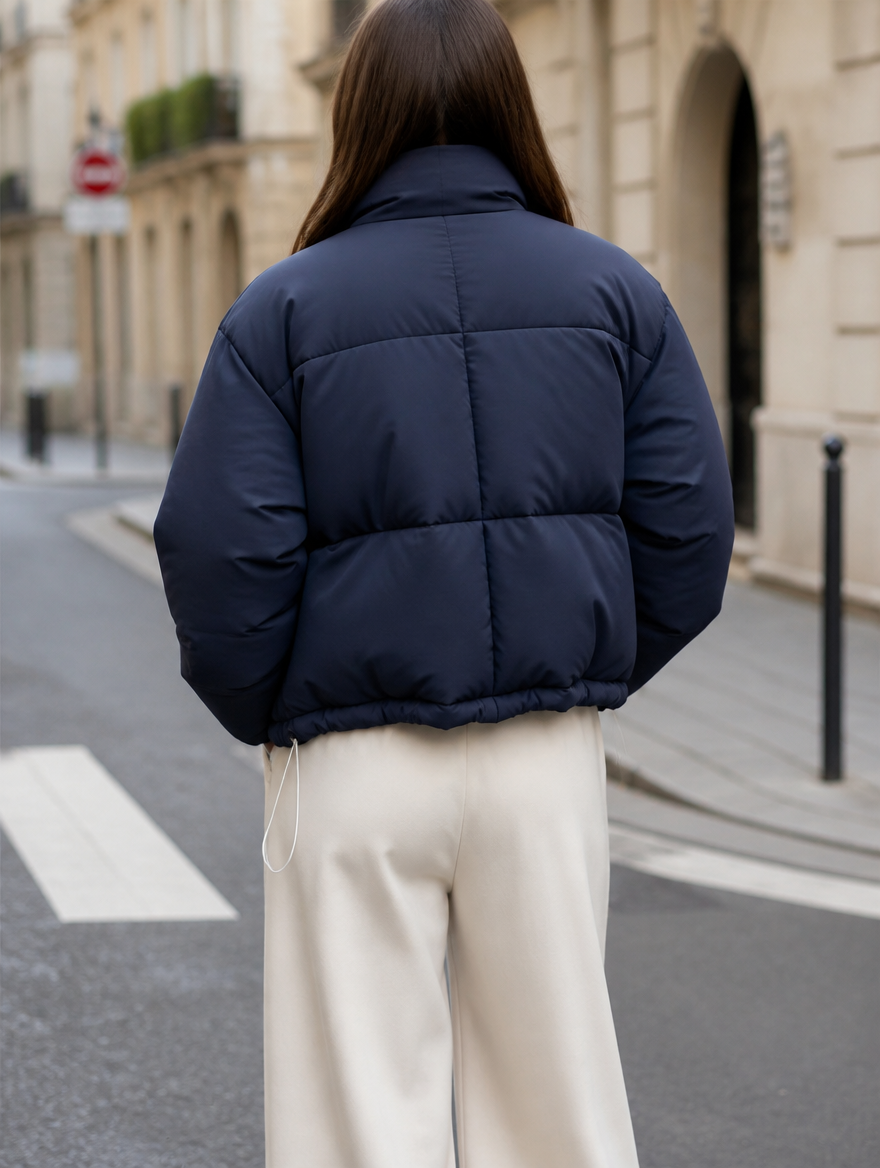 Trendige Damen Oversized Steppjacke mit Stehkragen. Die warme, schwarze Winterjacke 'Nora' ist perfekt für Streetwear & Freizeit.