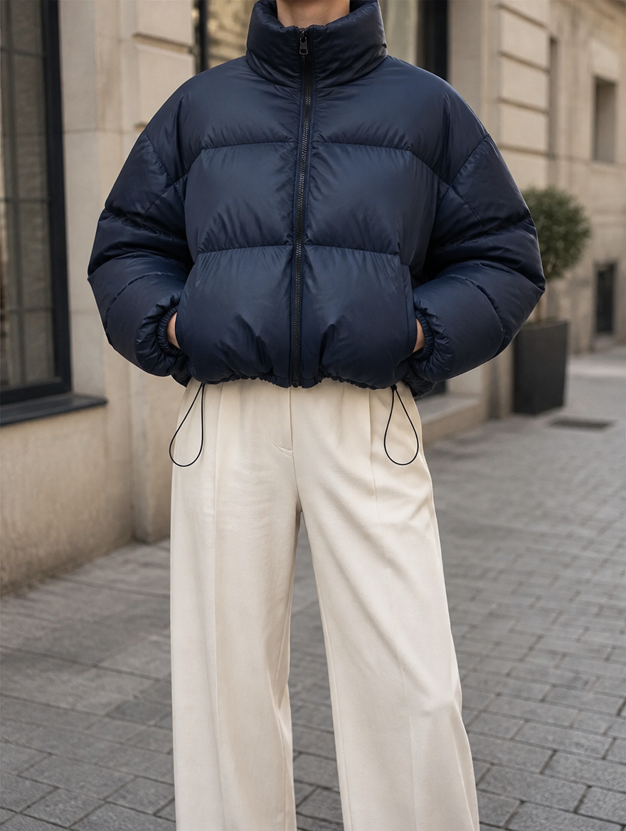 Schwarze Damen Oversized Steppjacke 'Nora' mit Stehkragen, ideal als warme Winter- oder Freizeitjacke für den Alltag.