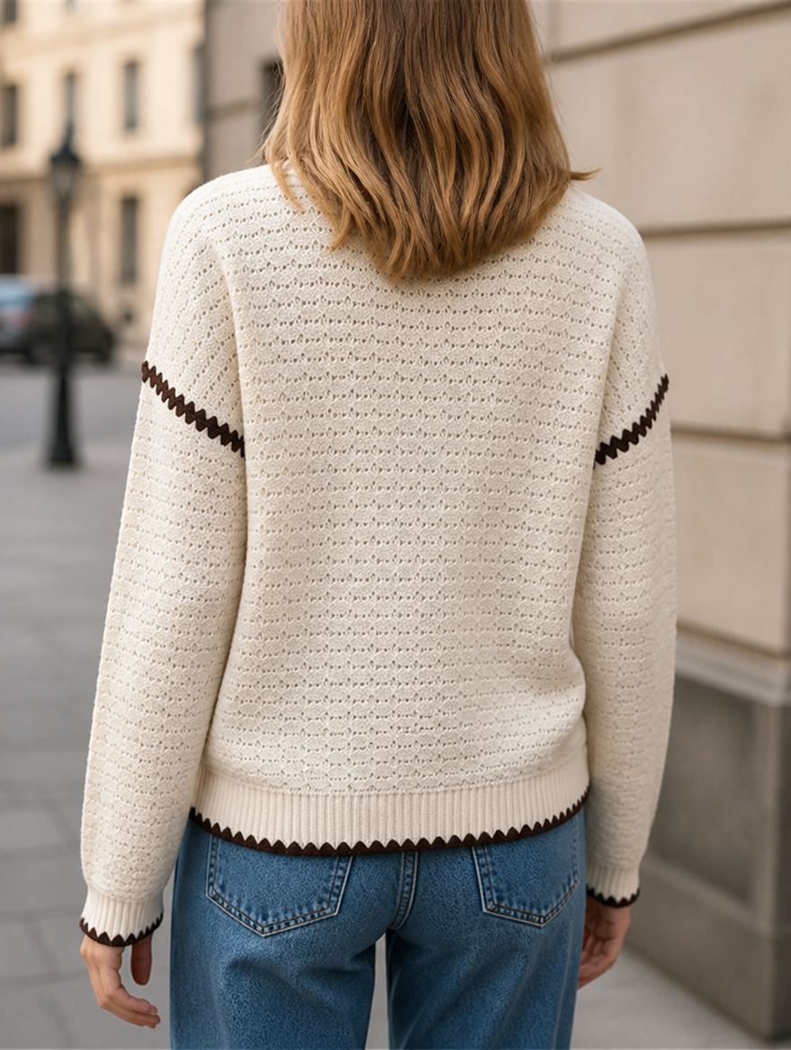 Gemütlicher Damen Patchwork-Pullover, beige, mit Rundhals & Langarm. Perfekt für legere Herbst- & Wintertage.