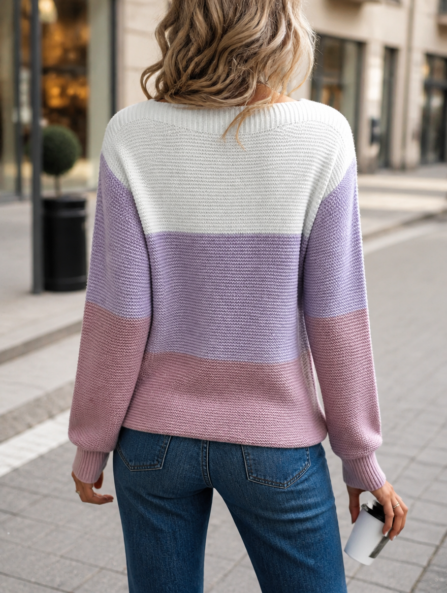 Eleganter Damen Strickpullover im Patchwork-Design. Moderner Slash-Neck Streifenpullover, dreifarbig, ideal für Herbstmode.