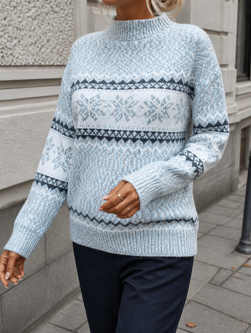 Winterlicher, eleganter Damen Pullover. Slimfit Langarm Pullover mit feinem Schneeflocken-Print und Halbstehkragen.