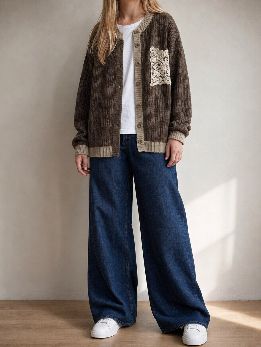 Elegante Damen Strickjacke im Relaxed Fit mit feinem Spitzendetail. Vielseitige Alltagskleidung für kühle Tage.