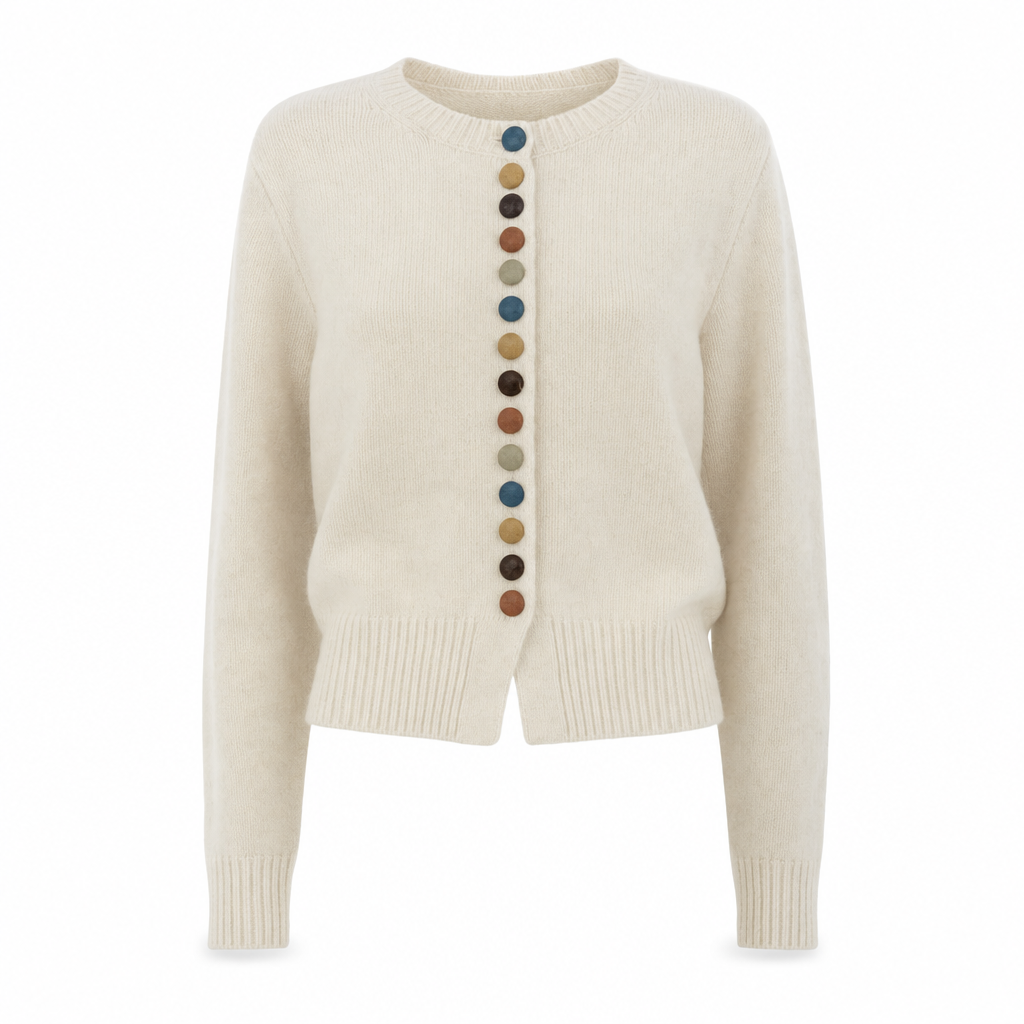 Damen Strickjacke mit bunten Knöpfen. Bequemer Cardigan für stilvolle Alltagsmode.