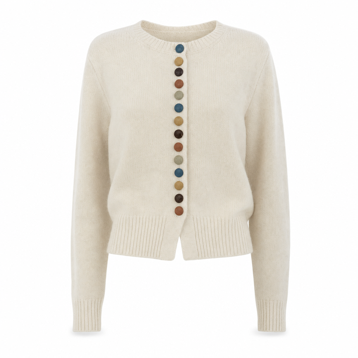 Damen Strickjacke mit bunten Knöpfen. Bequemer Cardigan für stilvolle Alltagsmode.