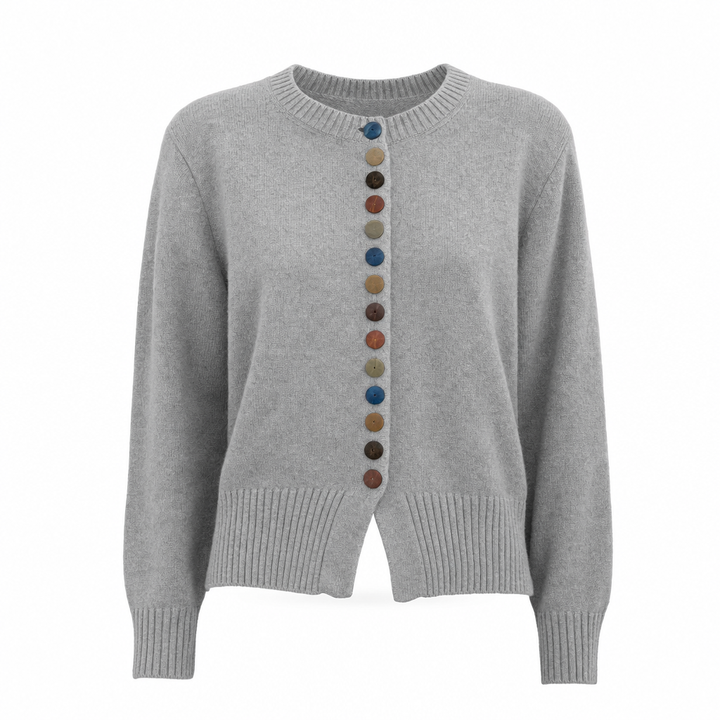 Hochwertige Damen Strickjacke mit auffälligen bunten Knöpfen. Bequemes und modisches Oberteil für den Alltag.