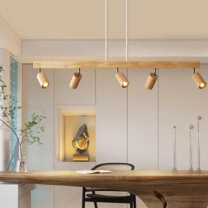 Holz-LED-Strahler, einstellbar, kaltweißes Licht für modernes Wohnzimmer.