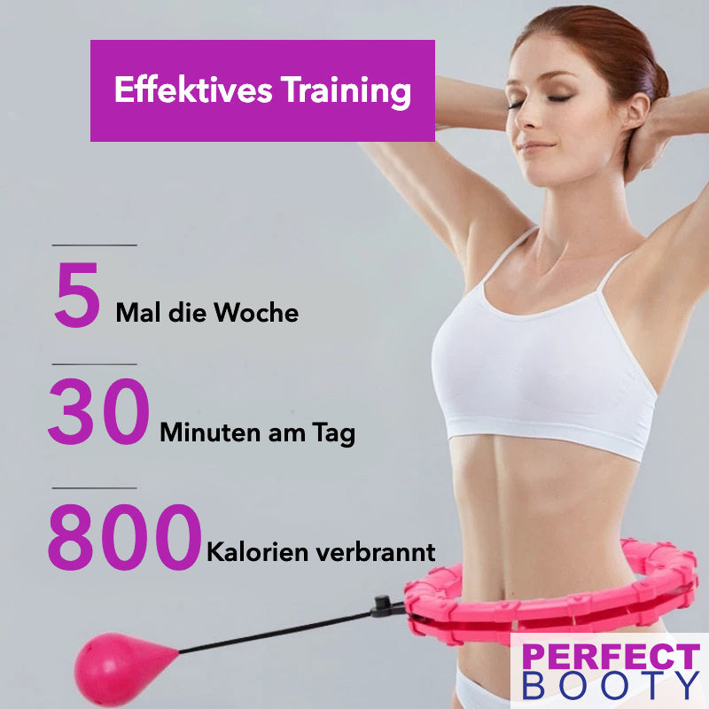 Frau nutzt intelligenten Fitness-Hoop für intensives Heim-Workout, fördert Abnehmen und Kalorienverbrauch.