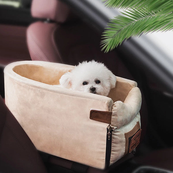 Graue Hundereisbox für Haustiere, sicherer Hundetransport und bequemes Autobett für kleine Hunde.