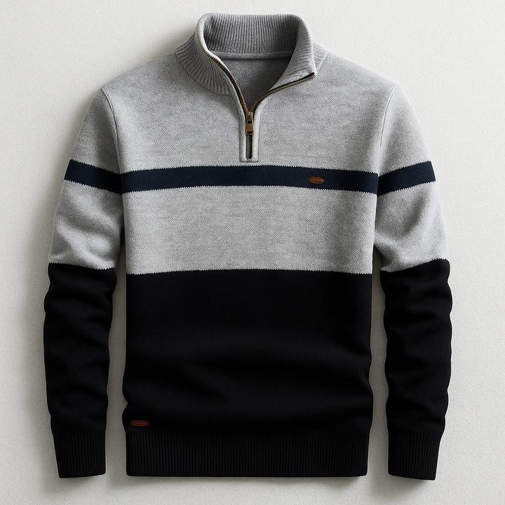 Bequemer Herren Zweifarbiger Pullover mit Reißverschluss. Trendiges Oberteil für entspannte Freizeit-Looks.
