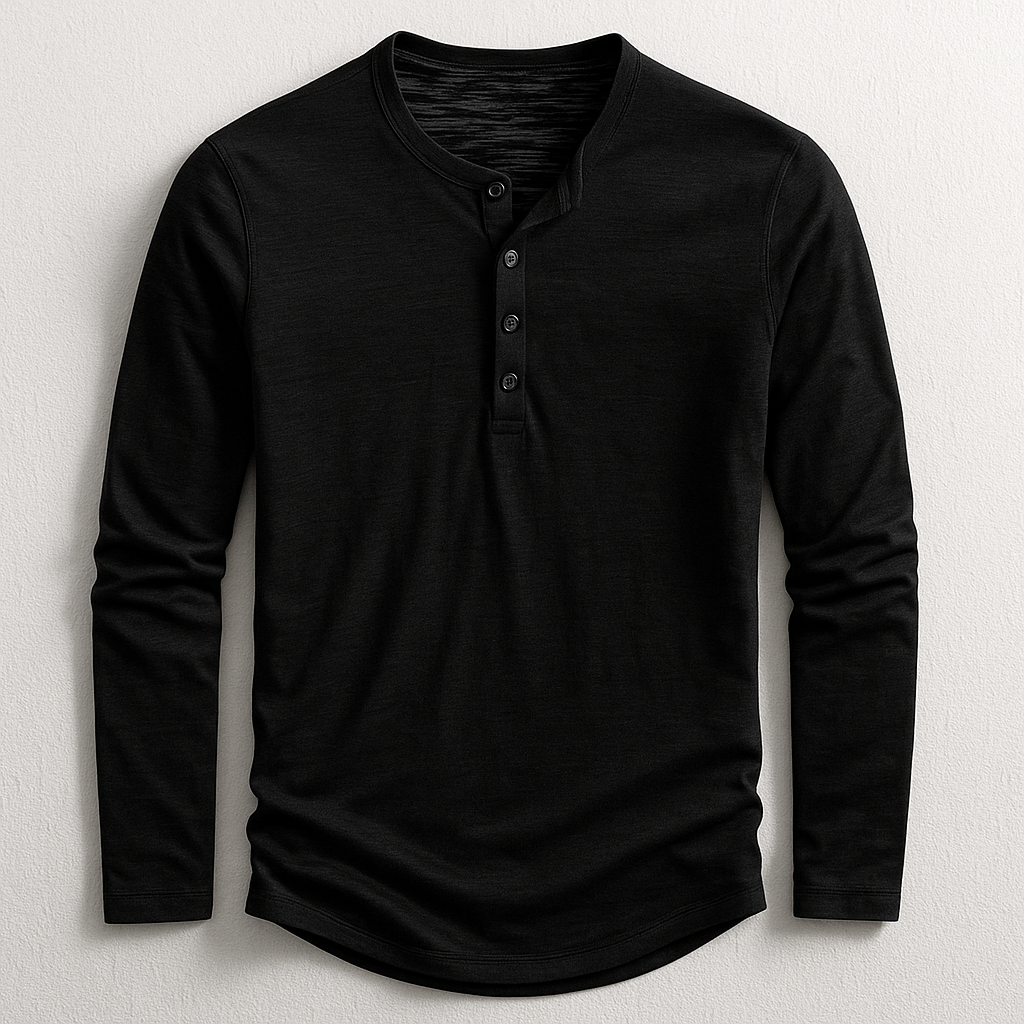 Klassisches Herren Langarmshirt im Henley-Stil. Bequem, stilvoll & perfekt für entspannte Tage oder Casual-Outfits.