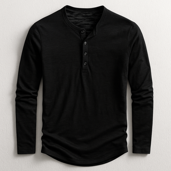 Klassisches Herren Langarmshirt im Henley-Stil. Bequem, stilvoll & perfekt für entspannte Tage oder Casual-Outfits.