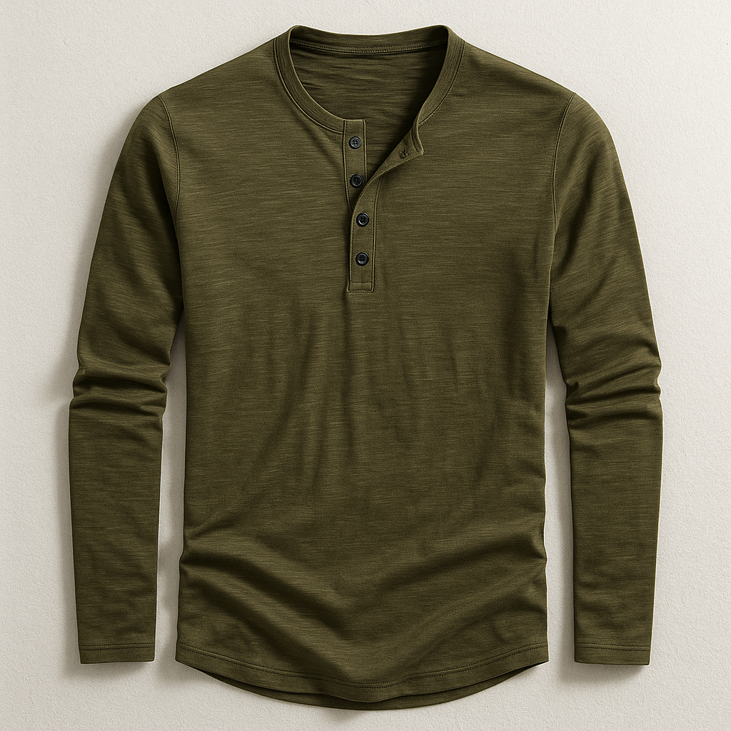 Bequemes Herren Langarmshirt mit Henley-Ausschnitt aus weichem, atmungsaktivem Stoff für Komfort.