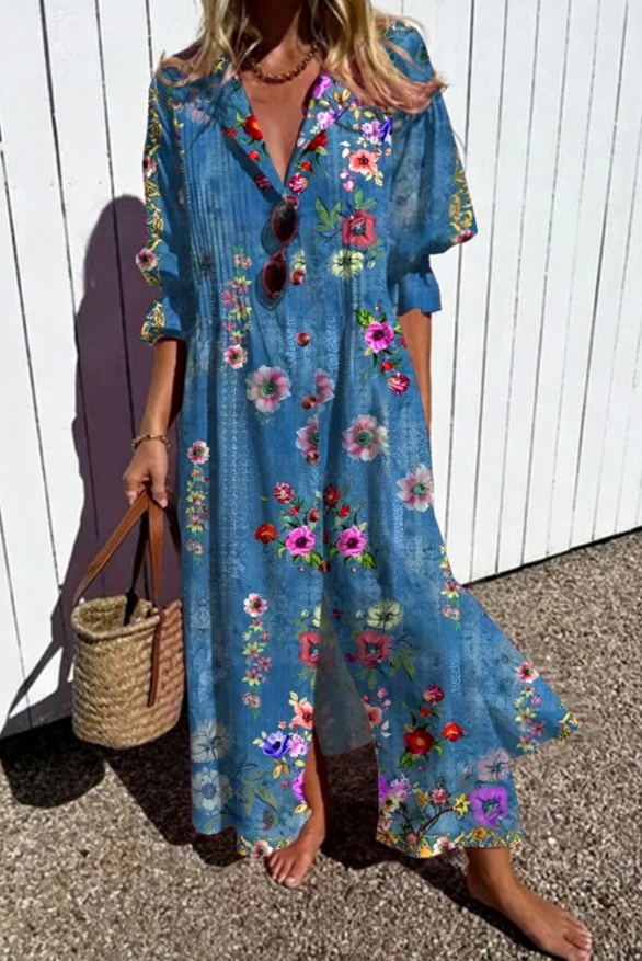 Fließendes Damen Midi Kleid mit floralem Design. Feminines und bequemes Sommerkleid für stilvolle Anlässe.