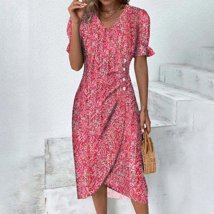 Elegantes Damen Blumen Plissee Midikleid mit V-Ausschnitt & Puffärmeln, ideal für Sommer & Partys.