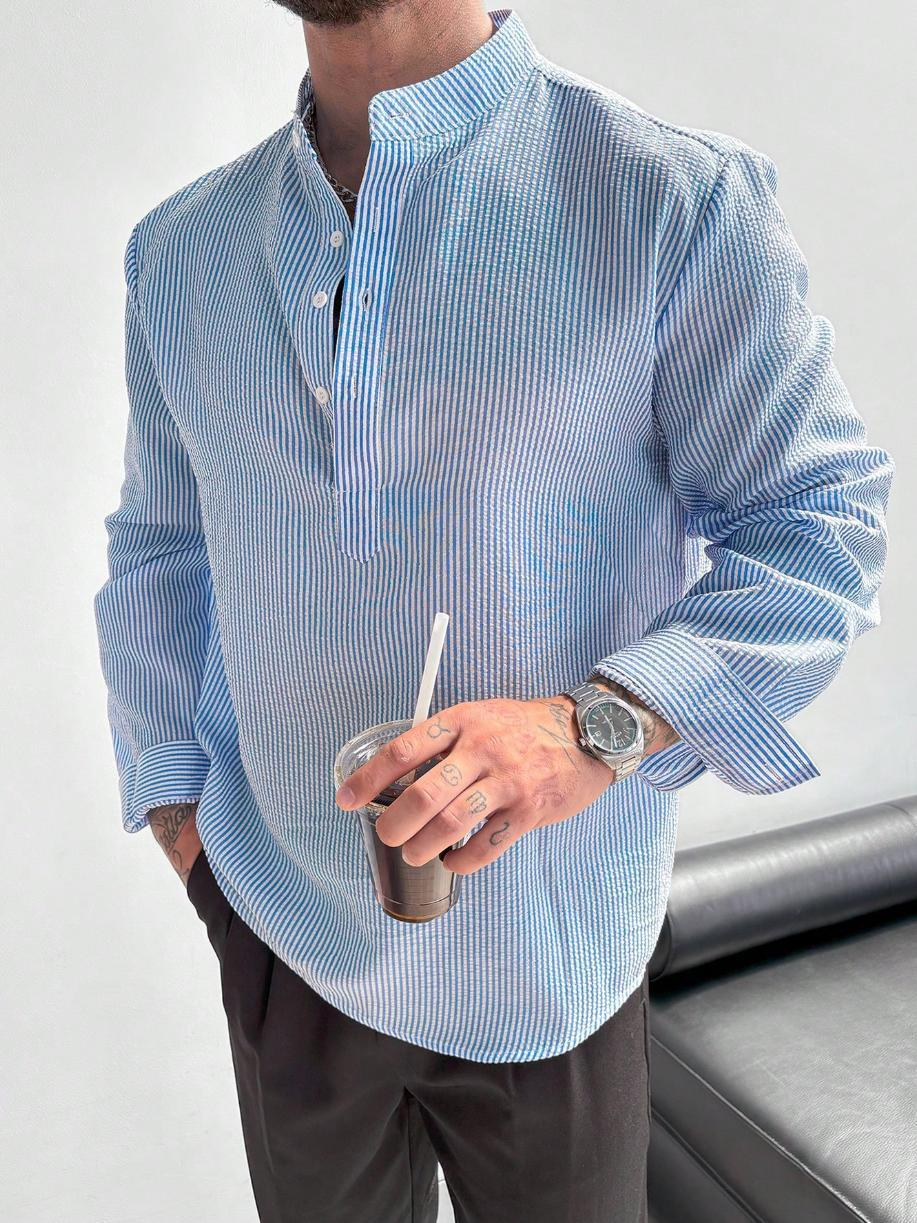 Herren Langarm Henley Shirt gestreift, modern & komfortabel für Freizeit im Frühling & Herbst. Mit Knopfleiste.