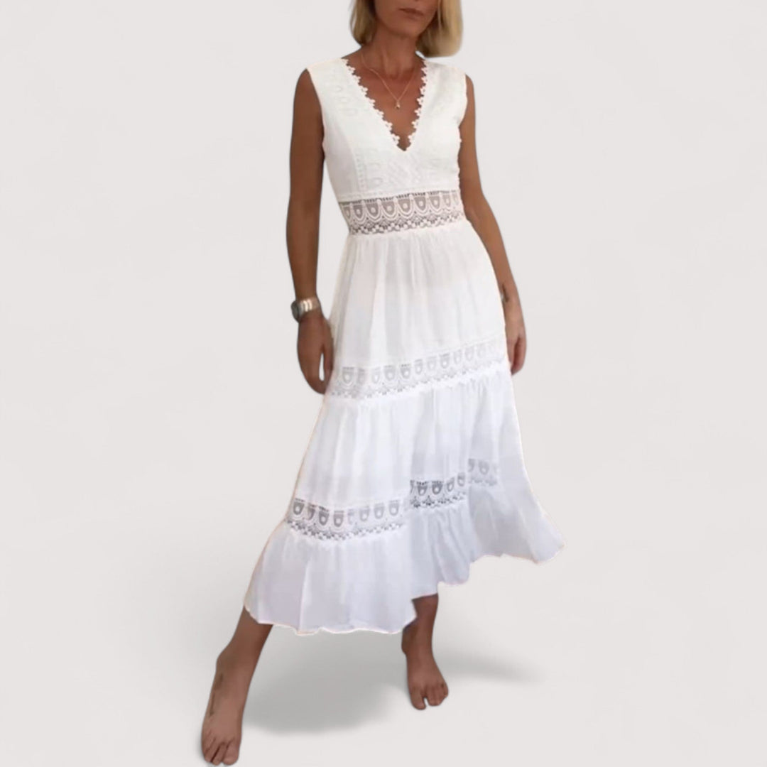 Festliches Damen Sommerkleid mit V-Ausschnitt & Stufenrock. Modisches Partykleid, bequem für besondere Anlässe.