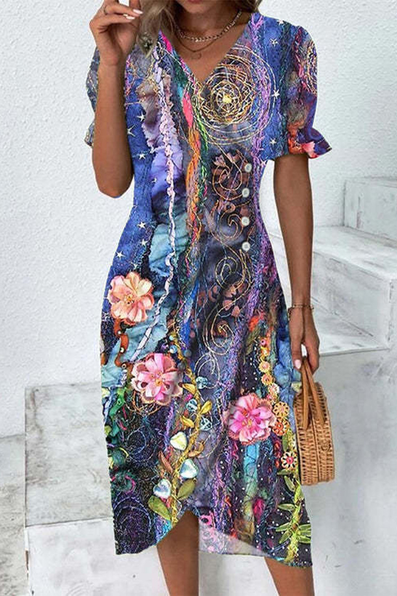 Romantisches Damen Sommerkleid, Plissee Midi mit Blumenprint, V-Ausschnitt & Puffärmeln, sehr elegant.