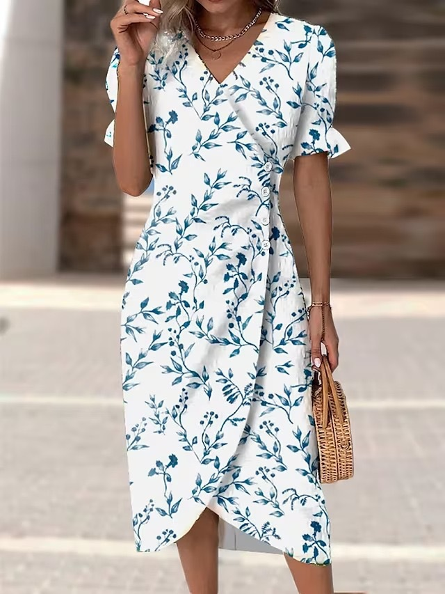 Blaues elegantes Damen Midikleid mit floralem Plissee-Design, V-Ausschnitt und Puffärmeln.