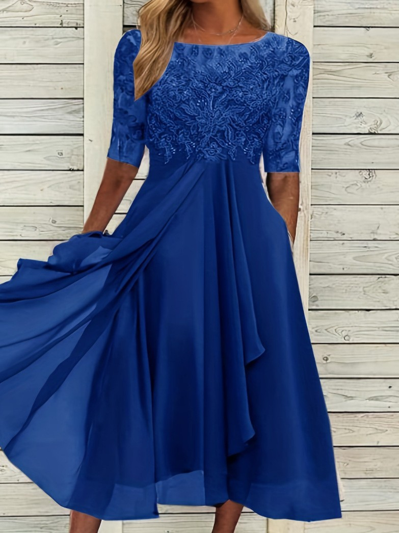 Damen Midi Kleid, elegant gestylt mit Accessoires. Kreiert einen zeitlosen Alltags- & Abendlook.