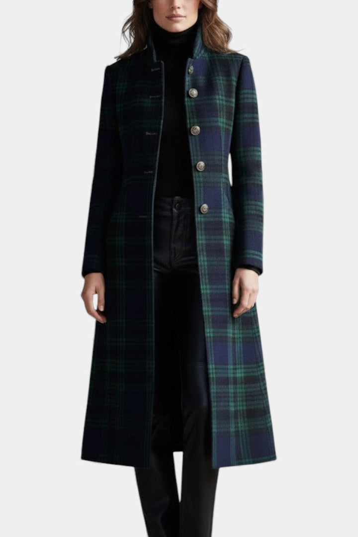 Auffälliger grün-blauer Damen Midi-Mantel mit kariertem Muster. Strukturierter, eleganter Herbst-/Winter-Damenmantel.