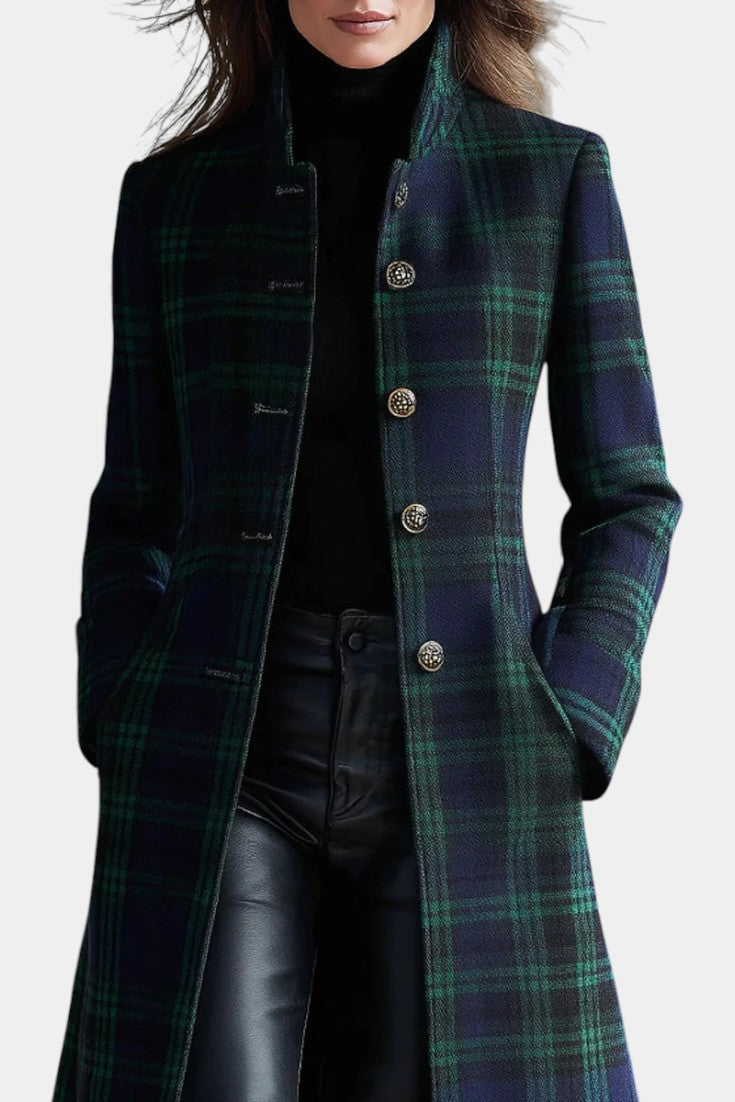 Stylischer Damen Herbst-/Winter-Midi-Mantel, grün-blau kariert. Eleganter, warmer Damenmantel für moderne Damenmode.