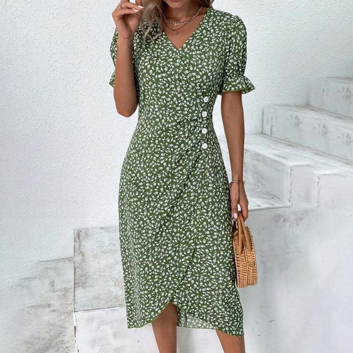 Stilvolles Damen Plissee Midi Blumenkleid für Eleganz & Romantik im Sommer, V-Ausschnitt & Puffärmel.