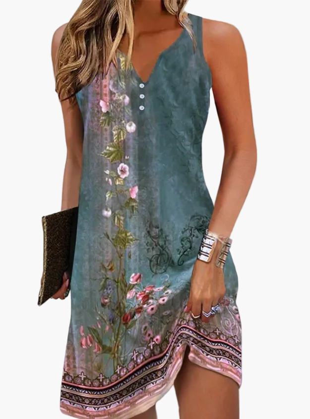 Trendiges gemustertes Damen Sommerkleid mit V-Ausschnitt. Leichtes Freizeitkleid für sonnige Tage.