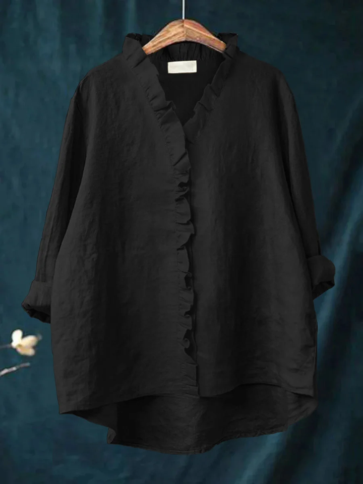 Damen Rüschenbluse Langarm V-Ausschnitt. Elegante, leichte Freizeitbluse mit lockerem Schnitt für Frühling/Sommer.