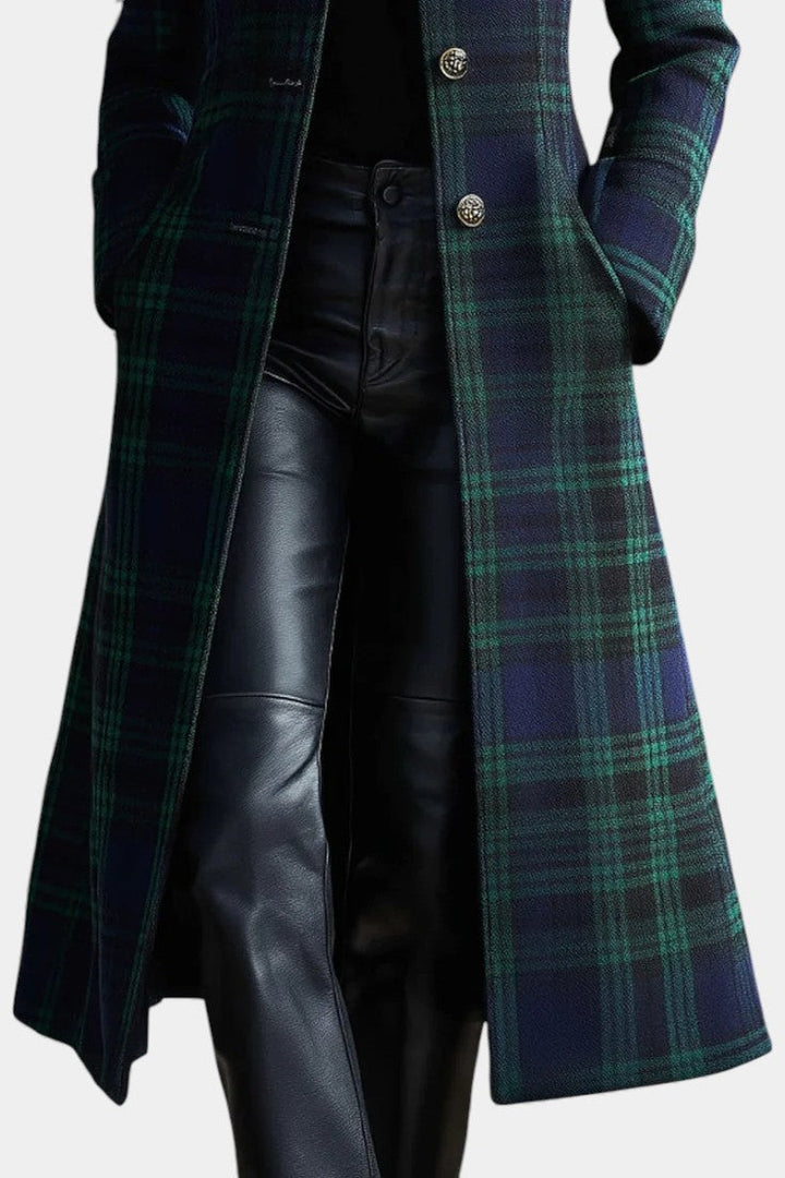 Strukturierter, karierter Damen Midi-Mantel in Grün-Blau. Eleganter Schnitt, warmer Stoff, ideal für Herbst & Winter.