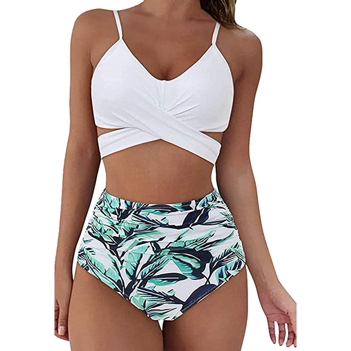 Damen Badebekleidung: Bikini Set mit Kreuzband-Top & hoher Taille, perfekt für Sonne, Strand & Pool.