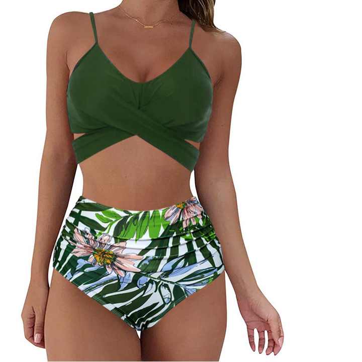 Elegantes Damen Bikini Set mit modernem Kreuzband-Oberteil und high-waist Höschen für den Urlaub.