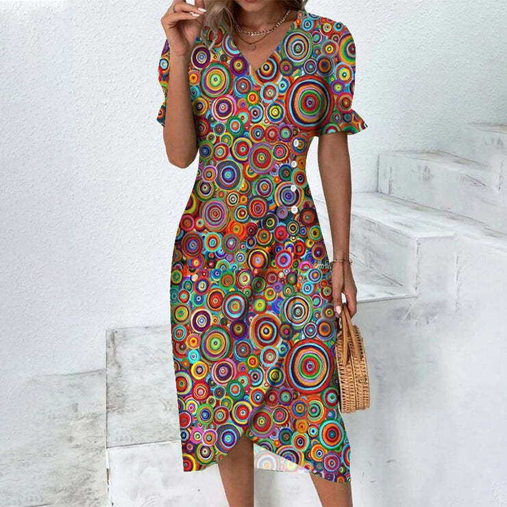 Model trägt elegantes Damen Plissee Midi Blumenkleid mit V-Ausschnitt & Puffärmeln, voller Look.