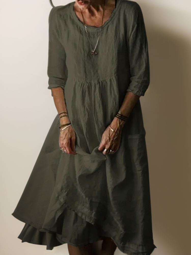 Elegantes, langes Damen Maxikleid für Herbst, lockerer Rundhalsausschnitt, bequemer A-Linien-Schnitt.