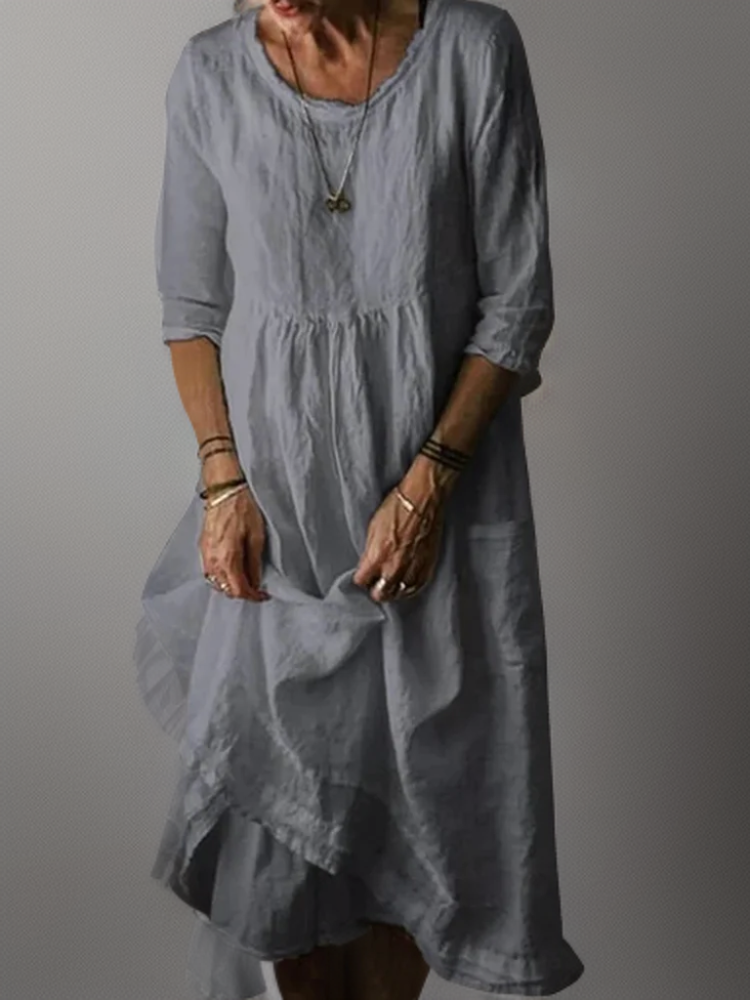 Bequemes Damen Herbst Maxikleid, elegant mit lockerem Rundhals & fließender A-Linie. Lang & vielseitig.