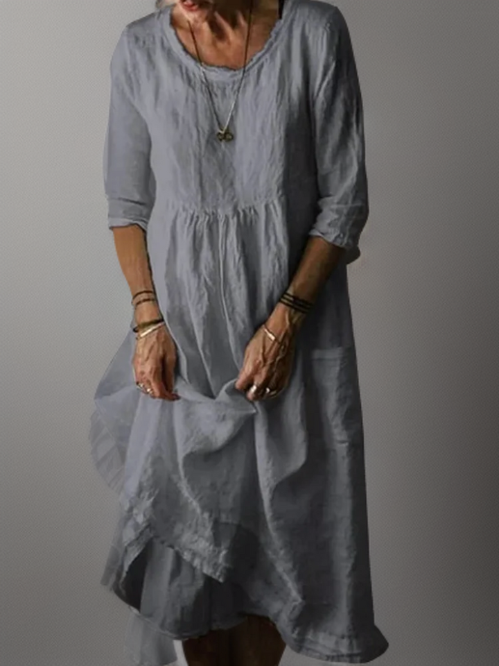 Bequemes Damen Herbst Maxikleid, elegant mit lockerem Rundhals & fließender A-Linie. Lang & vielseitig.