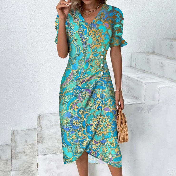 Festliches, elegantes Damen Plissee Midikleid mit Blumenprint, V-Ausschnitt und modischen Puffärmeln.