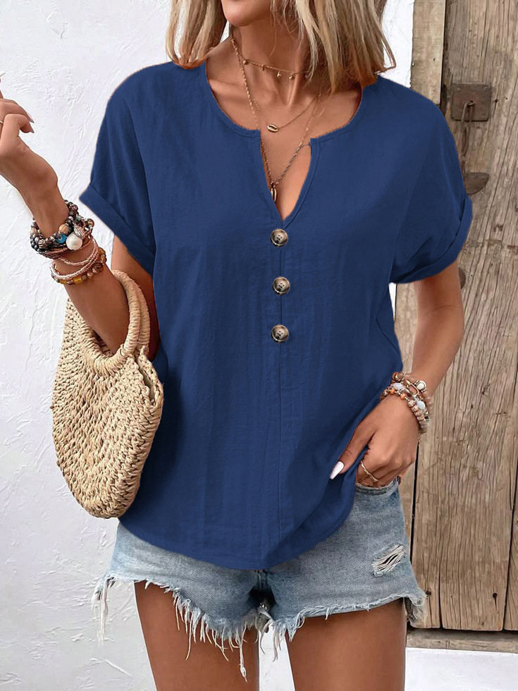 Elegantes Damen Twist-Knopf Kurzarm T-Shirt, ideal für Sommer & Freizeit. Vielseitiges, atmungsaktives Oberteil.