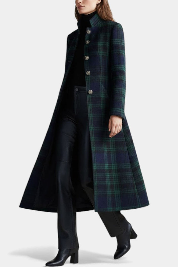 Warmer, eleganter Damen Wintermantel, Midi-Länge, in Grün-Blau kariert. Stylischer Herbstmantel für kühle Tage.
