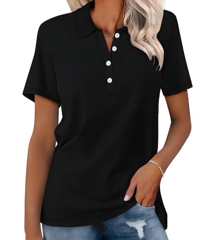 Nahaufnahme des eleganten Damen Poloshirts Nova: Kragen & Knopfleiste für smart casual Bürokleidung.