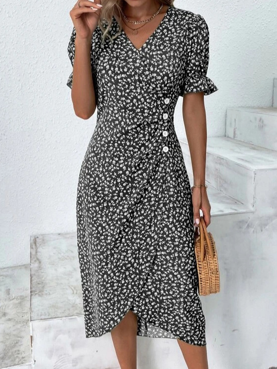 Damen Frühlings-/Sommerkleid: Plissee Midikleid mit Blumenmuster, V-Ausschnitt und charmanten Puffärmeln.