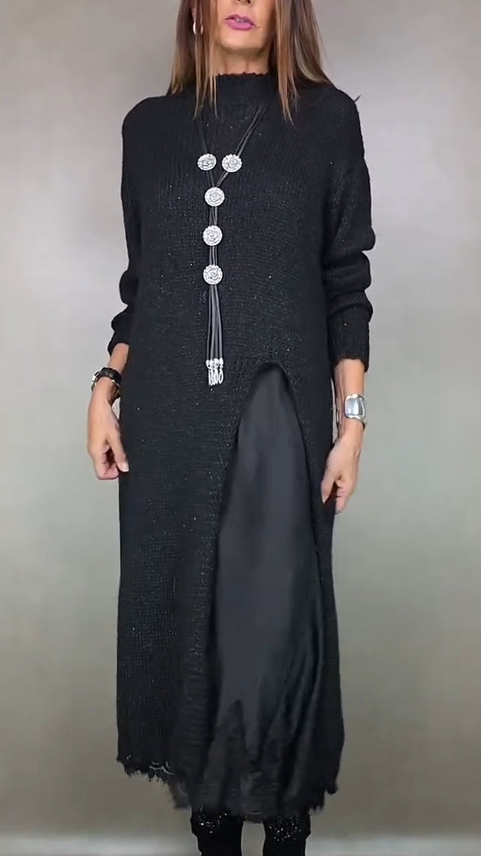Damen Strickkleid Set im eleganten Layer-Look mit Seitenschlitz, perfekt für Herbst & Winter.