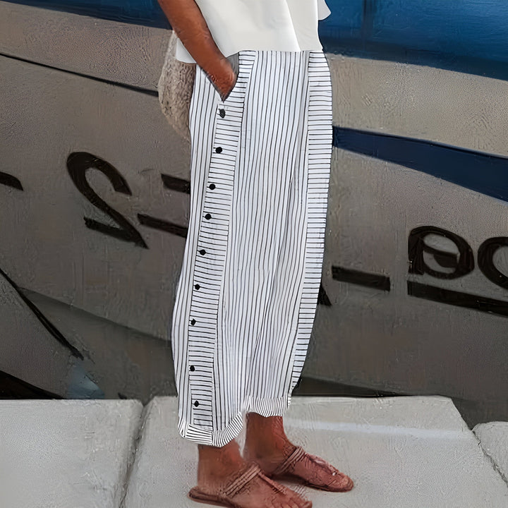 Graue leichte Damen Sommerhose aus weichem Stoff, locker fallend, bequem für Alltag & Reisen, mit geradem Bein.