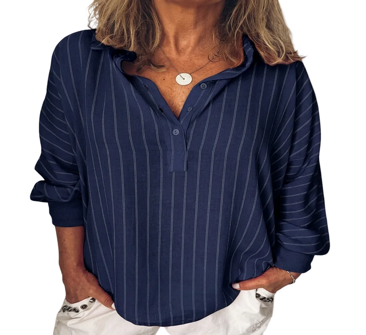 Klassische Damen Hemdbluse mit Streifenmuster und halber Knopfleiste. Langarm Bluse für Alltag, Büro & Mode.