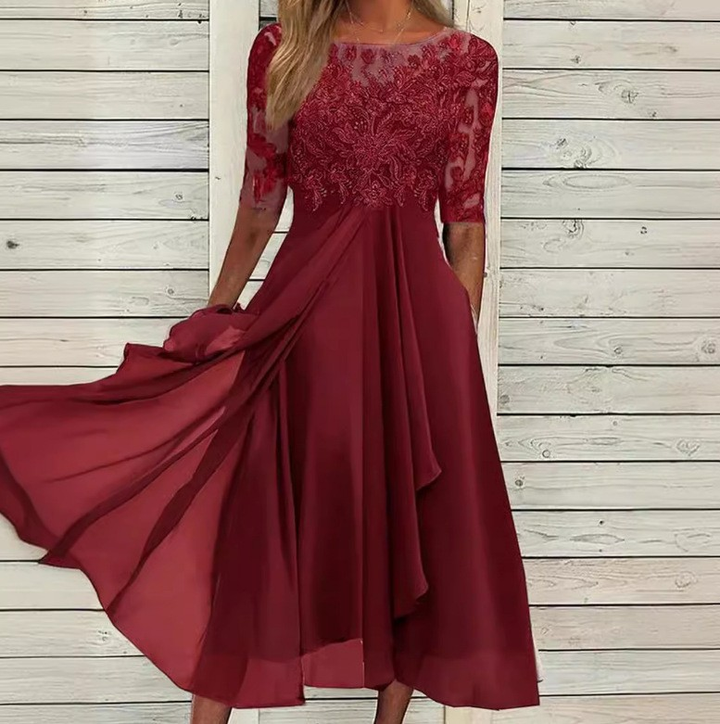Modisches Damen Midi Kleid. Klassischer Rundhalsausschnitt, vielseitig für Frühling & Herbstmode.
