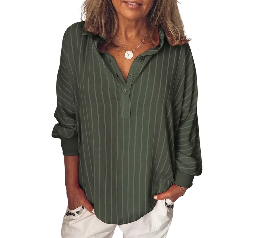 Damen Gestreifte Langarm Hemdbluse mit halber Knopfleiste für Büro, Alltag und Freizeit. Klassisches Oberteil.